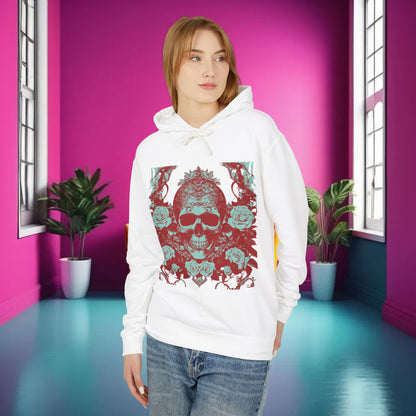 Fashionable model wearing Skull and Roses Lightweight Hoodie in white, highlighting the edgy skull and rose design in a modern, stylish setting.