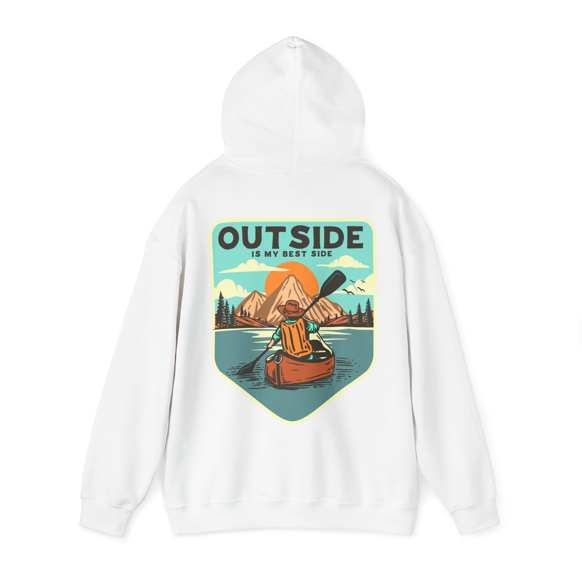 Admire the pristine white retro back print hoodie displaying an artistic depiction of a kayaker on a serene lake with mountains at sunrise, highlighted by the phrase 'OUTSIDE IS MY BEST SIDE'.