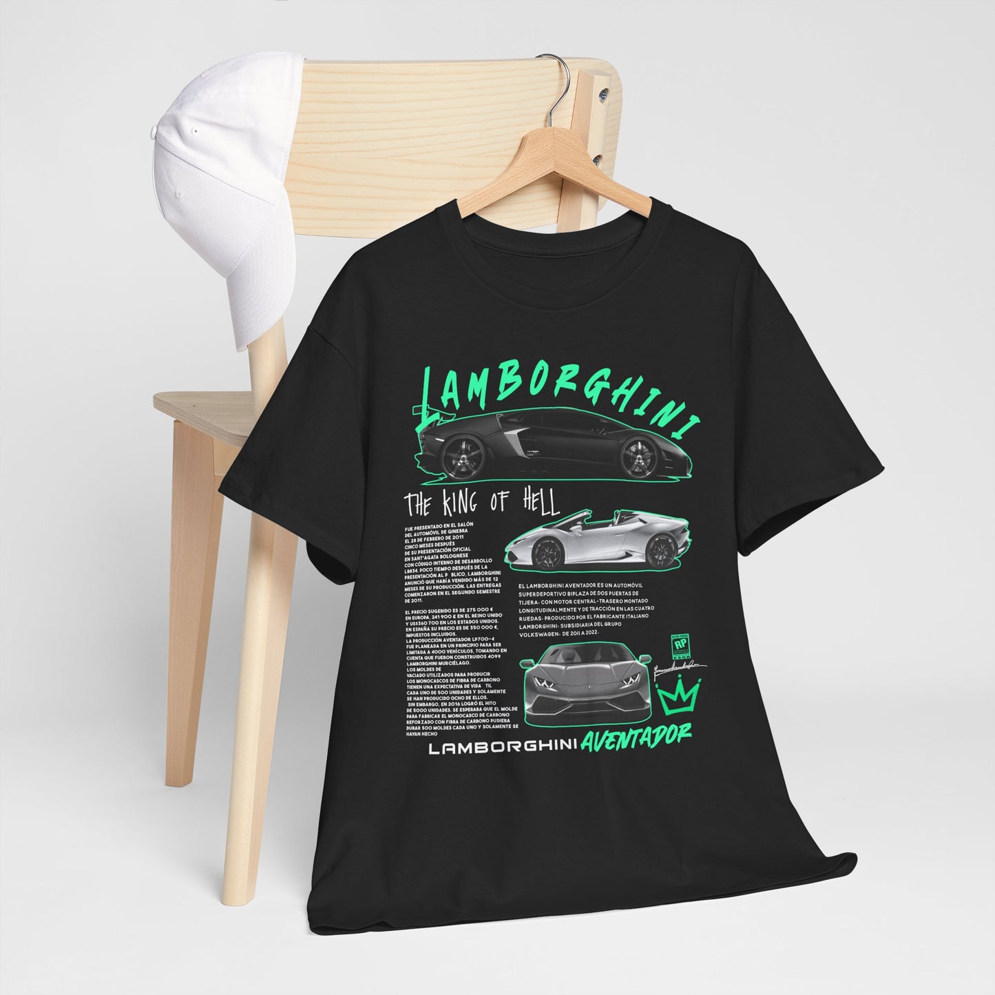 Chic black Lamborghini Aventador t-shirt shown draped over a stylish chair, highlighting its unique graphics and luxury attributes.
