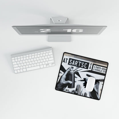 Artistic overhead perspective of the BanksyGroove UrbanScape Desk Mat, elegantly positioned on a contemporary desk, accentuating its vibrant artistry and elevating workspace aesthetics.