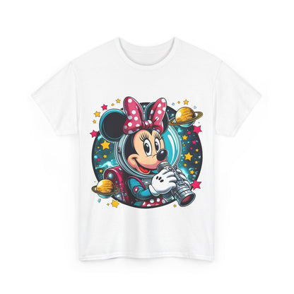 Front view of the Blast Off with Minnie Mouse Unisex Graphic Tee Shirt featuring a vibrant graphic of Minnie Mouse in a space suit, surrounded by stars and planets.