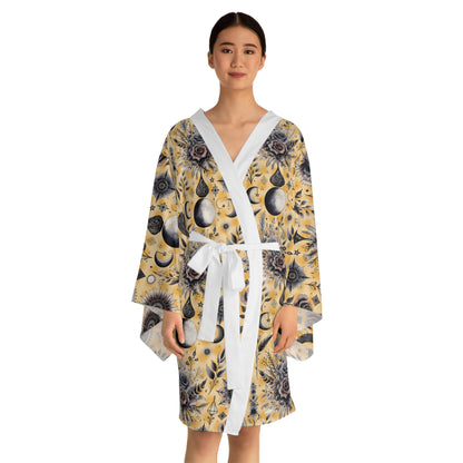 Woman wearing the Floral Kimono Robe, showcasing its elegance and comfort, ideal for luxurious home lounging.