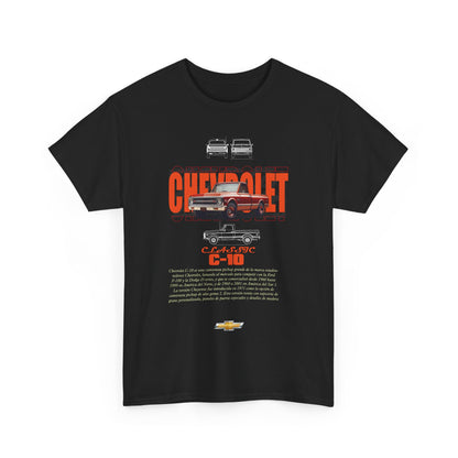 Stylish black t-shirt with a vibrant Chevrolet C-10 graphic print, showcasing a vintage truck with bold typography, ideal for automotive enthusiasts.