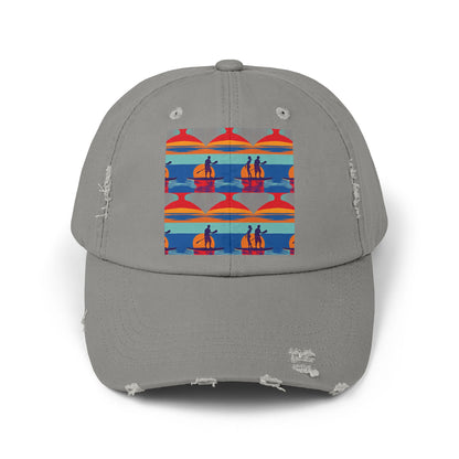 Unisex Distressed Cap featuring a fantasy paddleboarding scene, perfect for adventurous water lovers, displayed in a chic grey tone.