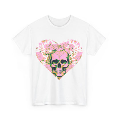 Skulls and Roses Cotton Tee featuring an intricate skull design intertwined with roses, perfect for alternative fashion enthusiasts.