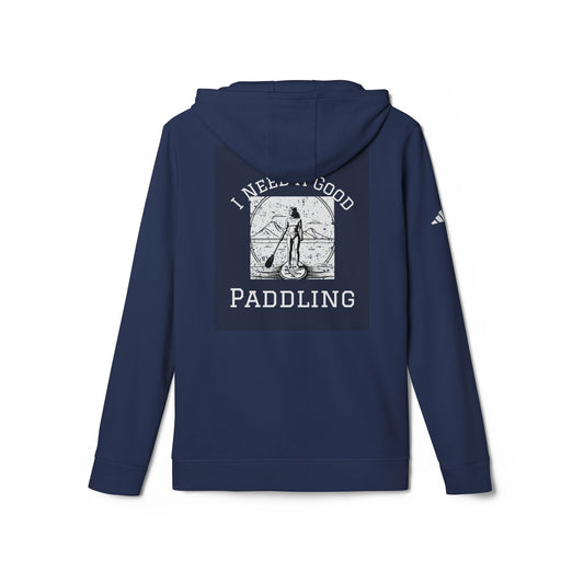 Back view of the Adidas Women’s Fleece 'I Need a Good Paddling' Hoodie in navy, showcasing the graphic design perfect for eco-conscious paddleboarders.