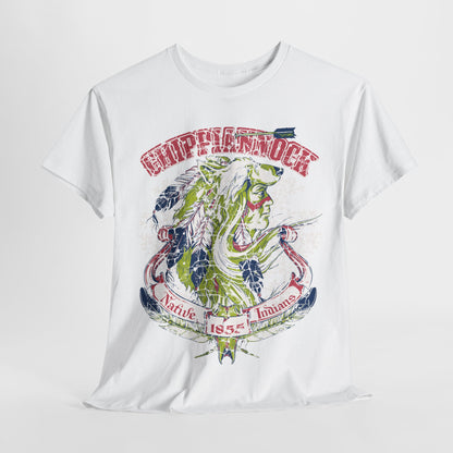 Luxury graphic t-shirt featuring a wolf headdress design, symbolising Native American heritage in vibrant earth tones, set against a crisp white backdrop.
