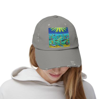 Unisex Distressed Paddleboarders Cap - Stylish front view with a chic paddleboarding illustration, perfect for water enthusiasts.