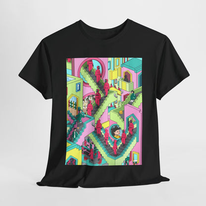 Luxury black graphic cotton T-shirt featuring a vibrant print inspired by a renowned survival game, showcasing intricate architectural design and vivid characters.