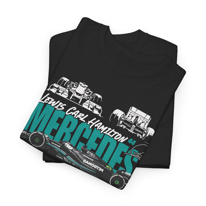 Folded black T-shirt showcasing the iconic Lewis Hamilton and Mercedes design, highlighting a sports-inspired aesthetic.