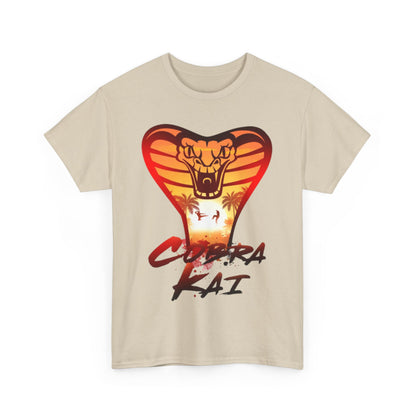 Elegant Cobra Kai graphic tee showcasing an iconic snake design and sunset background, tailored for both men and women who appreciate refined humour.