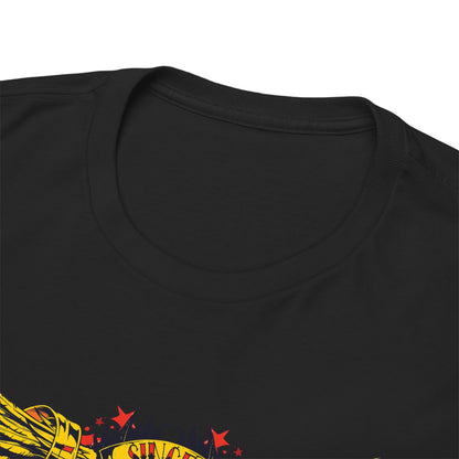 Close-up of the luxurious black t-shirt collar showcasing a bold skull and wing graphic, reflecting high-quality fabric and unique artistic design.