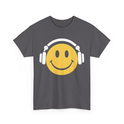 Enchanted Harmony Graphic T-Shirt showcasing a vibrant yellow smiley face adorned with headphones on a chic grey cotton material, perfect for contemporary fashion.