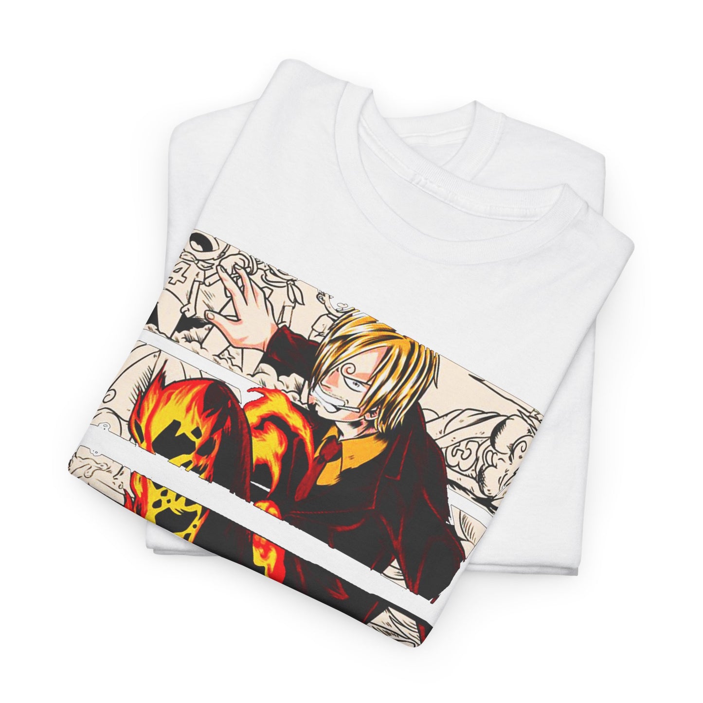 Stylish folded white graphic tees with an intricate design of Sanji from anime, adorned with flames and bold typography, perfect for the discerning anime fan.
