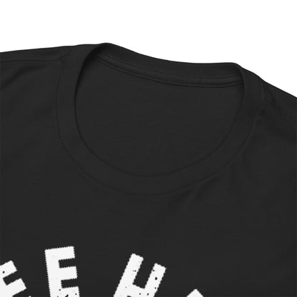 Close-up view of the collar of a luxurious black men's t-shirt, featuring a distressed 'Free Hugs' graphic and an artistic scorpion logo, designed for a statement style.