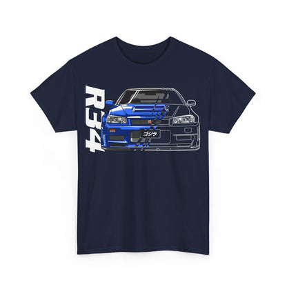 Men's navy blue luxury t-shirt featuring a graphic design of the Nissan Skyline GT-R R34, embodying speed and sophistication.
