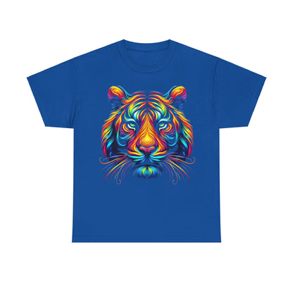 Tiger's Whimsy Graphic Tee - Unisex Artistic Shirt showcasing a stunning multicoloured stylised tiger head design on a blue backdrop.