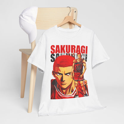 Luxury white t-shirt featuring a striking anime-inspired design of Sakuragi from Slam Dunk, hanging elegantly on a wooden hanger with a stylish baseball cap, perfect for fashion-forward anime enthusiasts.
