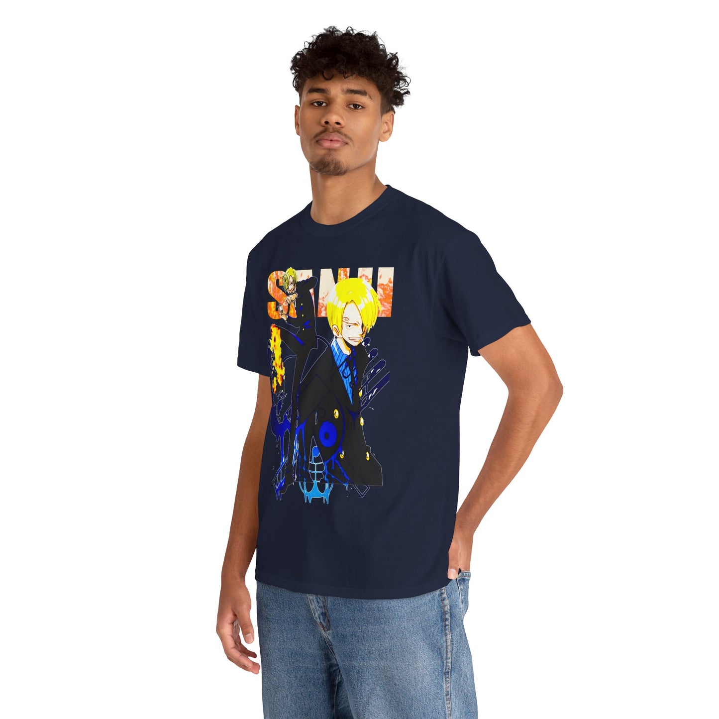Luxurious navy t-shirt featuring a vibrant anime-inspired graphic of a stylish character, perfect for fashion-forward anime enthusiasts.