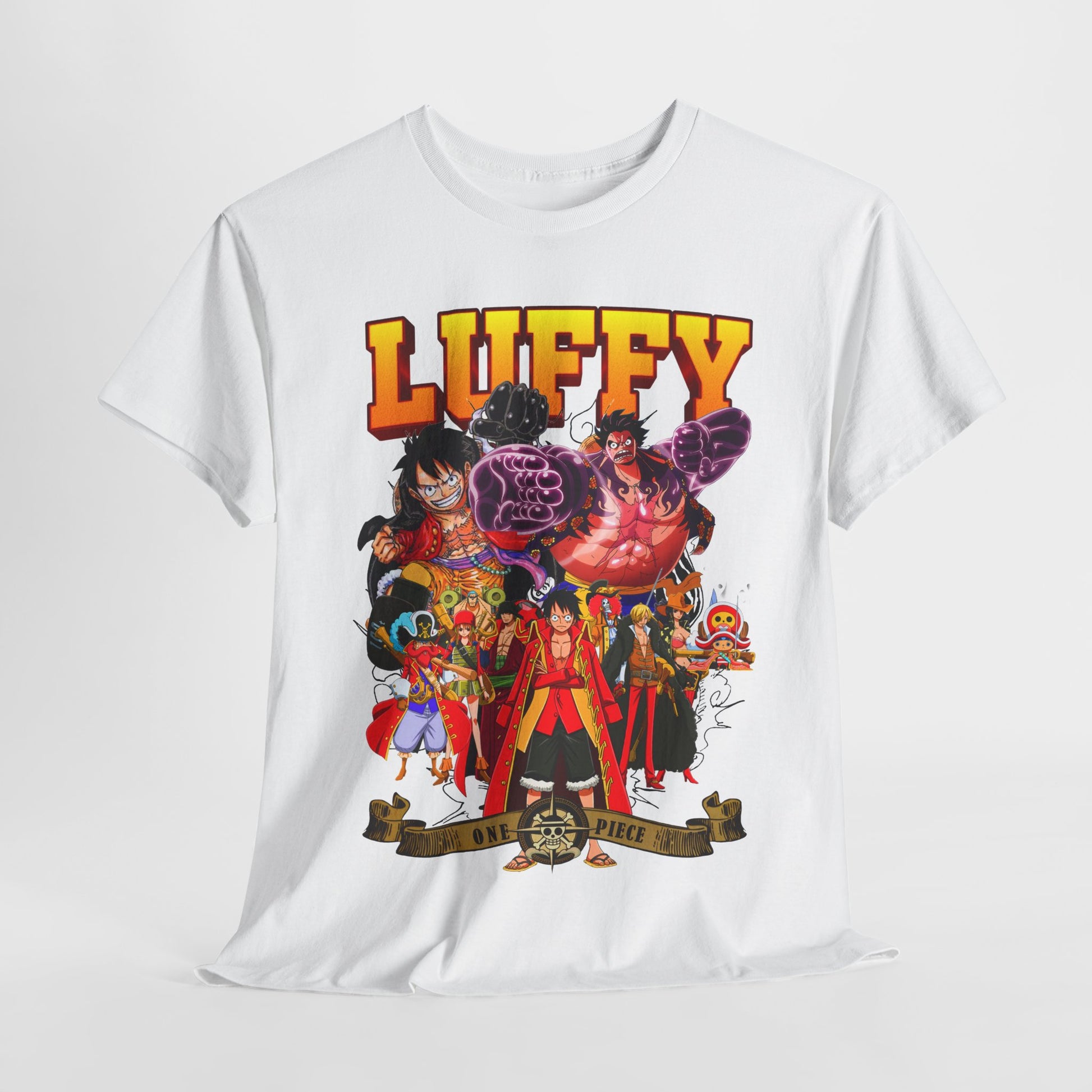 Exquisite white t-shirt displayed elegantly, featuring vibrant illustrations of Luffy and the One Piece crew, a must-have for fashion-forward anime enthusiasts.