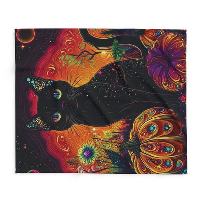 Decorative and Warm Halloween Spooky Arctic Fleece Blanket featuring a mystical black cat amidst vibrant pumpkins and cosmic swirls in luxurious design.