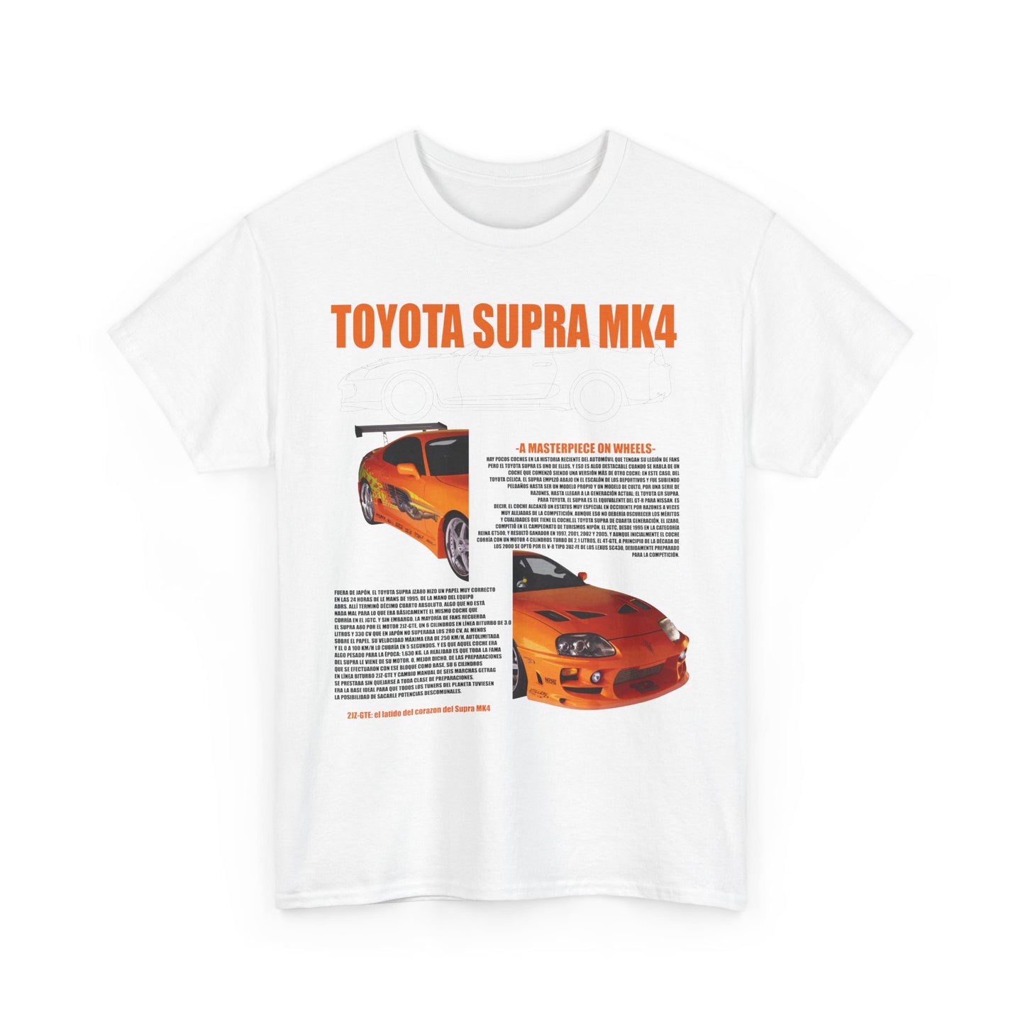 Sophisticated white T-shirt adorned with a striking Toyota Supra MK4 graphic, featuring a vibrant orange car illustration and informative text, celebrating a legendary automotive heritage.