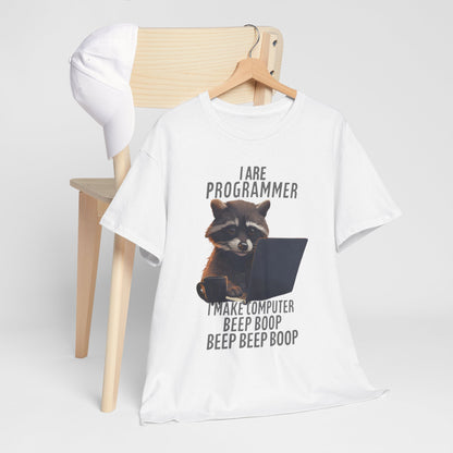 Fashionable t-shirt in white, showcasing the humorous 'I Are Programmer' raccoon illustration, perfect for tech aficionados.
