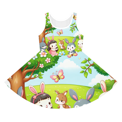 Felicity Tumbleweave Girls Summer Sundress by Dazzling Dreams Studio featuring a soft fabric and enchanting animal park scene design with rabbits, birds, and butterflies for summer adventures.