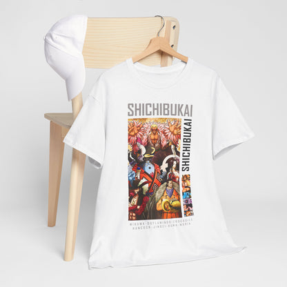 Chic lifestyle shot of the One Piece Shichibukai men's t-shirt draped over a wooden chair with a white cap, embodying urban sophistication.