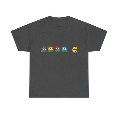 Discover luxury and fun with the Teenage Mutant Ninja Turtles Pizza Pacman Graphic Unisex Tee Shirt in heather charcoal, featuring iconic pixelated Pac-Man characters.
