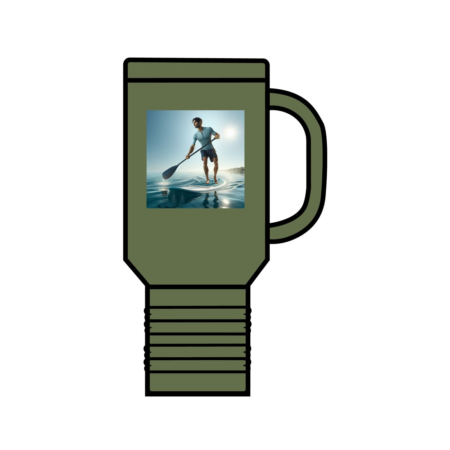 Fantasy Paddleboarding 40oz Insulated Stainless Steel Travel Mug in olive green, featuring an enchanting paddleboarding scene, perfect for adventure lovers with a beautiful ergonomic design.