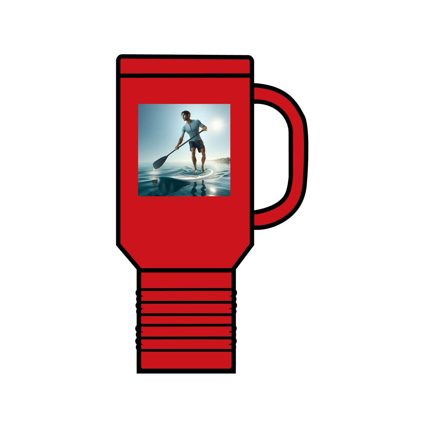 Fantasy Paddleboarding 40oz Insulated Stainless Steel Travel Mug in vibrant red, showcasing an alluring paddleboarding design, crafted for elegance and function on the go.