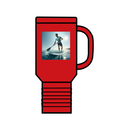 Fantasy Paddleboarding 40oz Insulated Stainless Steel Travel Mug in vibrant red, showcasing an alluring paddleboarding design, crafted for elegance and function on the go.