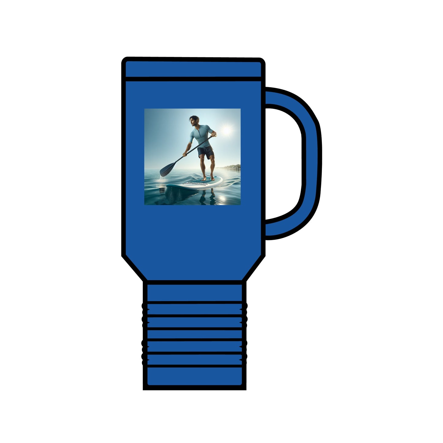 Fantasy Paddleboarding 40oz Insulated Stainless Steel Travel Mug in striking blue, featuring a picturesque paddleboarding image, perfect for adding a touch of luxury to everyday sips.