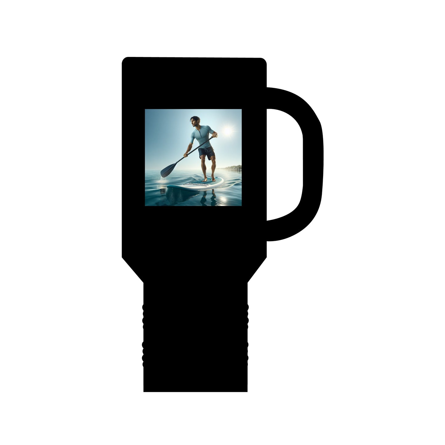 Fantasy Paddleboarding 40oz Insulated Stainless Steel Travel Mug in sleek black, adorned with a captivating paddleboarding motif, ideal for stylish hydration during outdoor adventures.