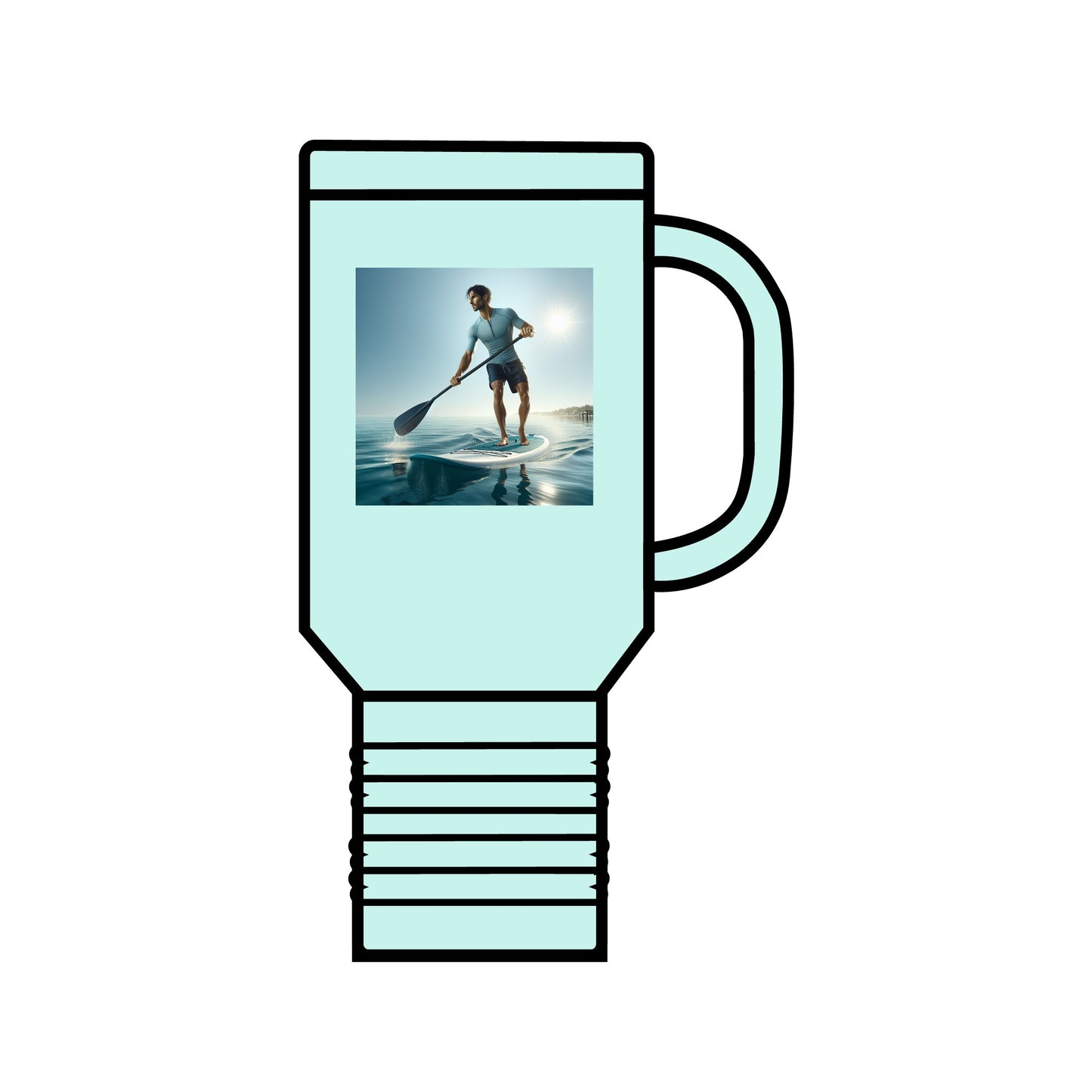 Fantasy Paddleboarding 40oz Insulated Stainless Steel Travel Mug in refreshing mint, beautifully displaying a paddleboarding scene, blending style and practicality for adventure enthusiasts.