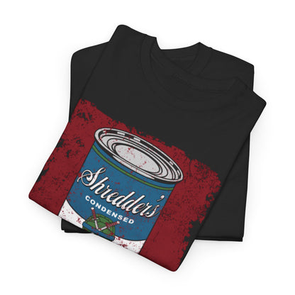Ninja Turtles Soup Unisex Mens Women's Graphic Funny T Shirt Tee arranged in a folded display, highlighting the striking 'Shredder's Condensed Turtle Soup' illustration, ideal for street-style fashion.