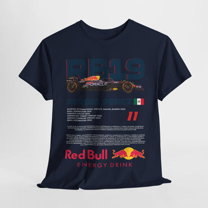 Men's navy t-shirt featuring a detailed graphic of the Red Bull RB19 Formula 1 car and Sergio Perez's name, showcasing a sophisticated motorsport design.