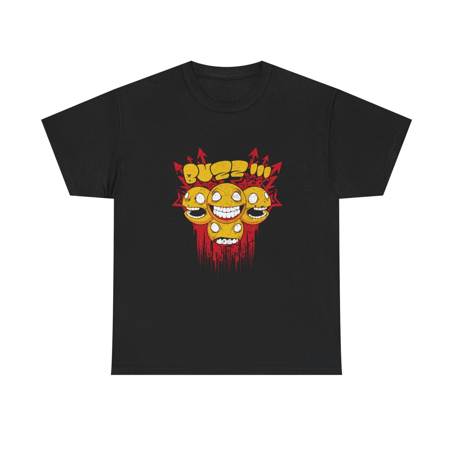 Stylish men's black t-shirt with eye-catching graphic of cheerful smiley faces and striking red elements, ideal for adding flair to your wardrobe.