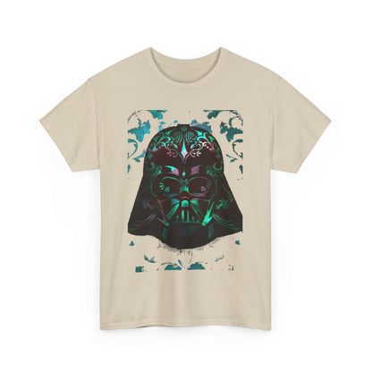 Luxurious Star Wars Vader art graphic t-shirt featuring a stylized Darth Vader helmet with intricate floral designs in vibrant shades of teal and burgundy on a soft beige backdrop. Perfect for urban street style.