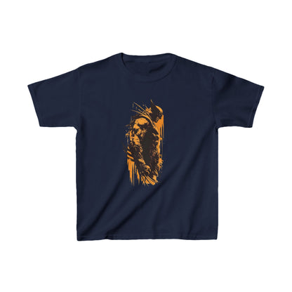 Premium unisex kids cotton T-shirt showcasing a bold orange Wolverine design against a deep navy canvas, ideal for young fans of superhero culture.
