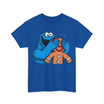 Front view of the Cookie Monster guess who Graphic Unisex Tee Shirt featuring a charming illustration of Cookie Monster playfully obscuring a gingerbread man's eyes.