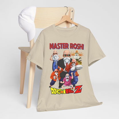 Refined display of Master Roshi T-shirt paired with a chic cap on a minimalist chair, embodying contemporary anime streetwear.