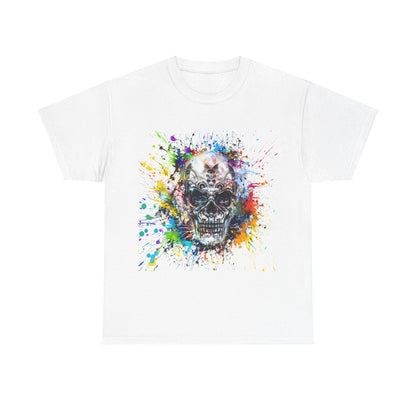 Color Splash Skull Tee, unisex cotton shirt featuring a vibrant artistic skull design with splash effects, perfect for stylish casual wear.