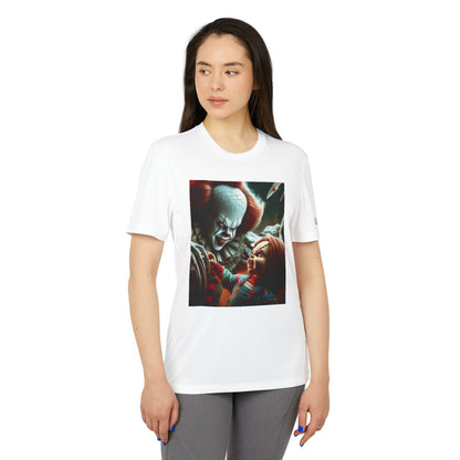 Front view of the elegant Adidas Unisex Halloween Pennywise and Chucky Cute T-shirt featuring a striking graphic design of Pennywise and Chucky, perfect for Halloween festivities.