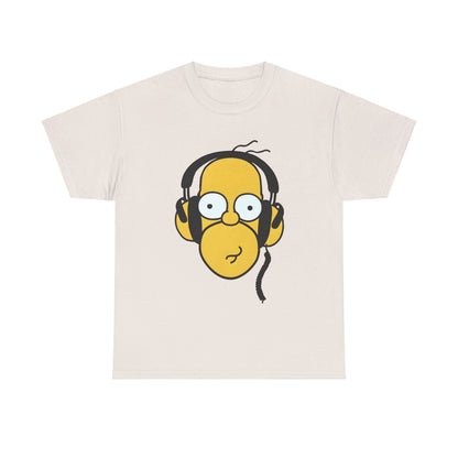 Hear the Hilarity Homer Simpson Headphones Unisex Cotton Tee Graphic T Shirt in light cream showcasing an animated design of Homer Simpson in black headphones, ideal for comfy and chic casual wear.