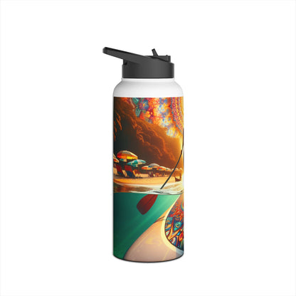 Chic Fantasy Paddleboarding Stainless Steel Water Bottle highlighting paddleboarding elements against a stunning sunset backdrop.