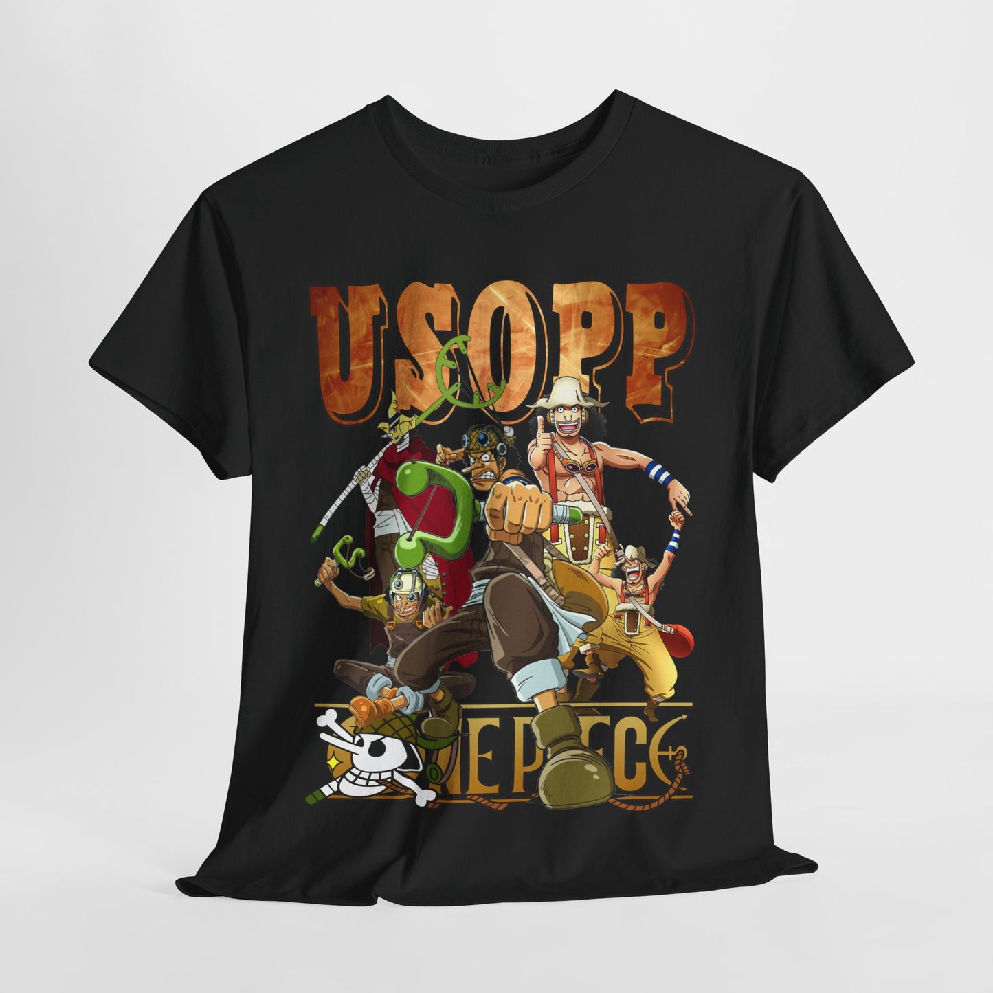 Luxurious black t-shirt featuring a striking graphic design of Usopp from a popular anime series, surrounded by vivid details of iconic characters and elements that evoke high-seas adventure.