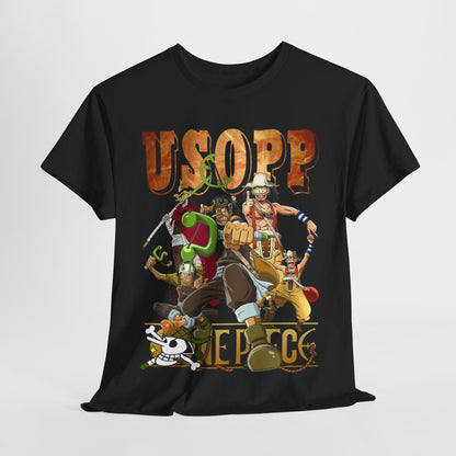 Luxurious black t-shirt featuring a striking graphic design of Usopp from a popular anime series, surrounded by vivid details of iconic characters and elements that evoke high-seas adventure.