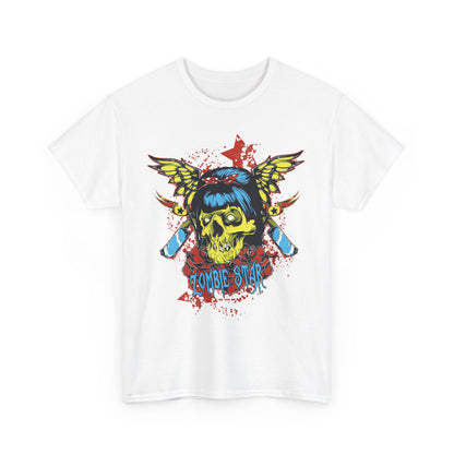 Vibrant men's T-shirt featuring a striking graphic of a yellow-green skull with wings, surrounded by blood splatter and roses, emblazoned with 'ZOMBIE STAR', perfect for those seeking a bold, gothic fashion statement.